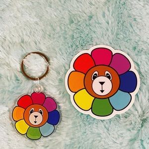 Kawaii Rainbow Bear Flower Power key fob & Sticker Gift Set NEW